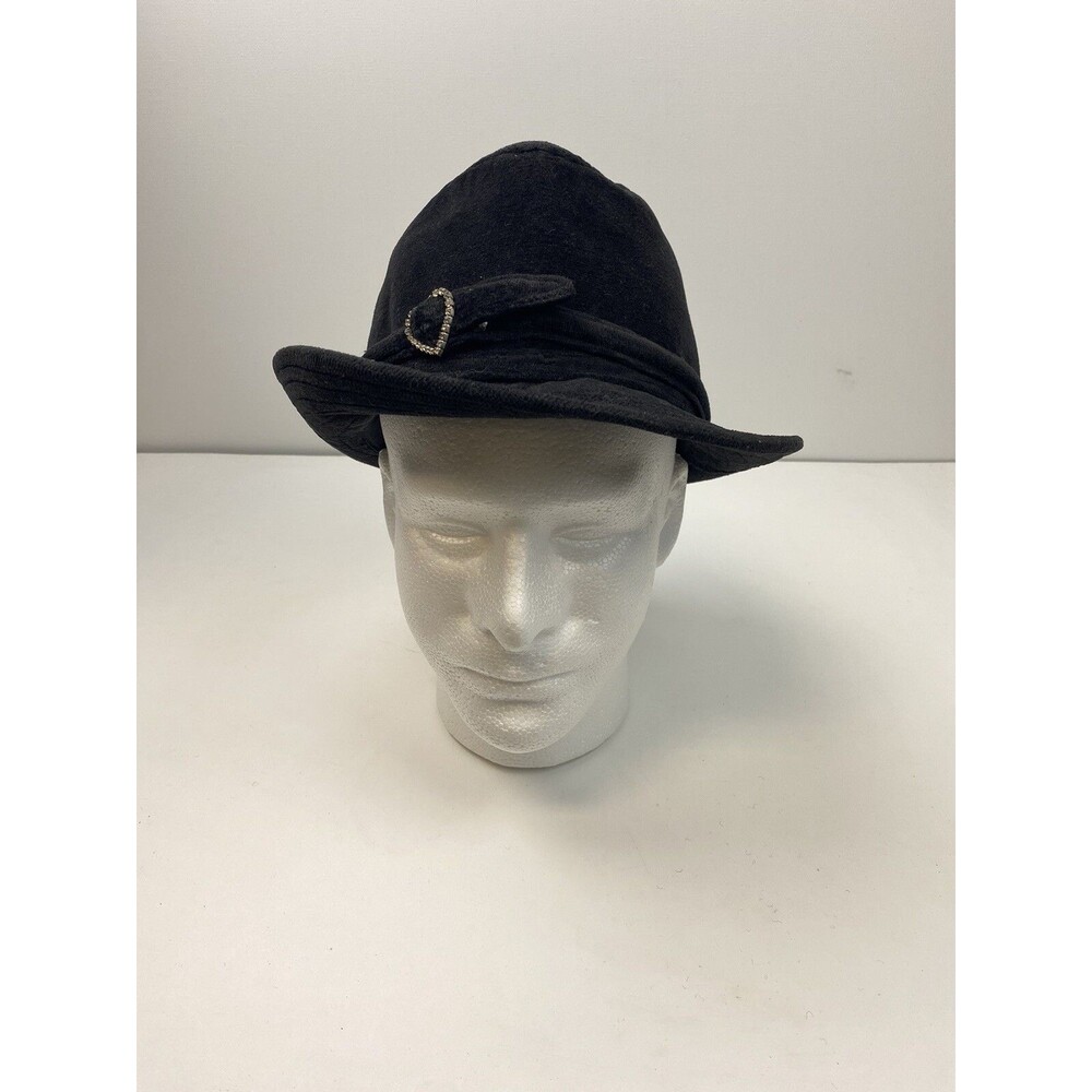 Vintage Fedora Women’s Hat Black Belted with Rhinestone Heart Cotton One Size
